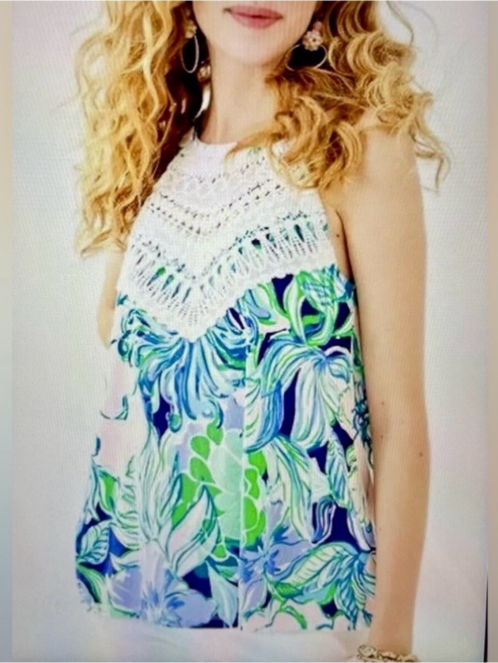 Lilly Pulitzer Dawn Top XL Multi Party Thyme Crochet Halter Swing Tank